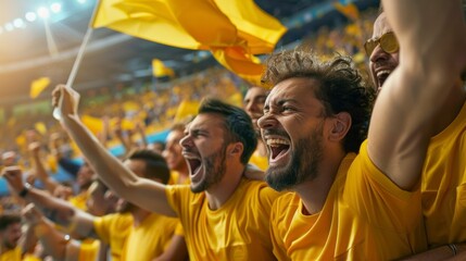group of happy men supporting a team with yellow shirts in the stadium with yellow flags in high resolution and high quality. concept football, sports, fans