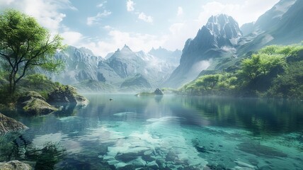 A breath taking landscape of towering mountains, crystal-clear lake in the foreground, lush greenery