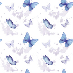 Watercolor seamless pattern with illustration of delicate blue butterflies with watercolor abstract splashes stains. Handmade, isolated