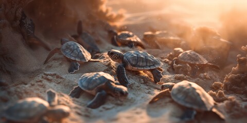 Inspirational image of baby sea turtles journeying across the beach sand towards the ocean at sunrise - obrazy, fototapety, plakaty