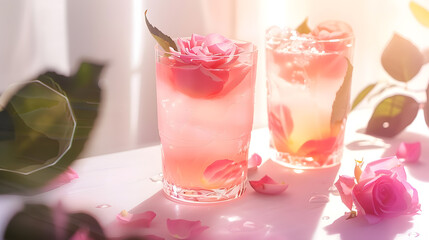 Pink rose cocktails drinks or lemonade with rose flowers on white sunny background Close up Copy space : Generative AI