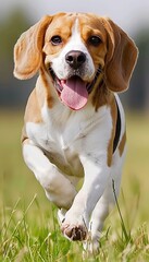 Energetic beagle dog gleefully frolicking in the beautiful green grass field at the park