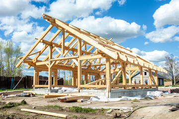 Construction of wooden frame house, assembly of frame house, warm and ecological modern house