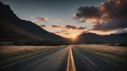 Straight road with mountains in the background Clouds in the sky. Warm colors. Vintage and travel ideas. space for text It was a rocky road and bushes under a cloudy sunset sky.