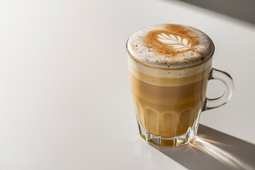 Vanilla coffee latte in a tall glass with copy space