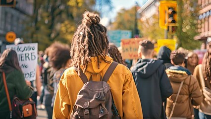 A group of activists march for peace on a sunny autumn day through city streets