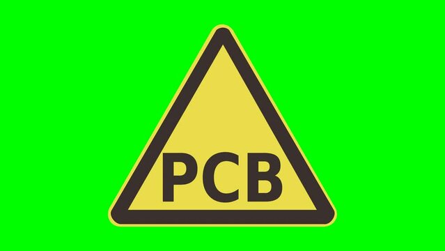 Appearance of a triangular yellow and black PCB danger sign coming from above on a green background, transparent background with alpha channel
