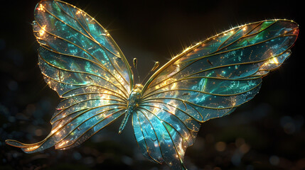 Ethereal fairy wings glow on black backdrop, captivating fantasy. 