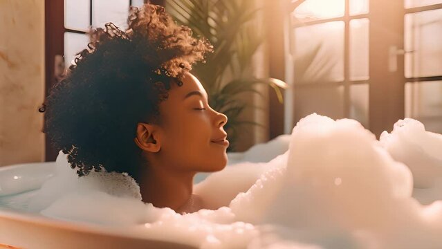 Charming woman relaxes in a bathtub filled with foam, completely covered in bubbles