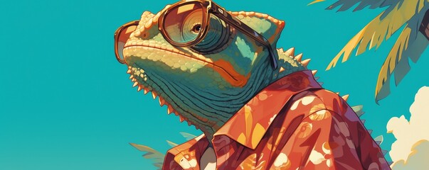 A chameleon wearing sunglasses in vibrant colors against a teal background. - obrazy, fototapety, plakaty