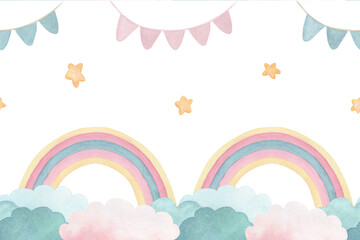 Watercolor seamless border or frame with illustration of cute cartoon rainbow, flags and clouds. For decorating children's room, wallpapers, cards and invitations