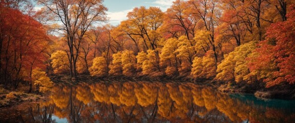 Autumn Reflections: A serene river mirrors the vibrant hues of fall foliage, creating a captivating landscape of golden and crimson trees. Tranquility and beauty abound in this breathtaking scene.