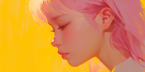 A closeup of the face and hair, a cute girl with pink hair in profile against an orange background