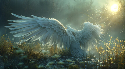 Ethereal white wings illuminate simplicity with celestial elegance.  - obrazy, fototapety, plakaty