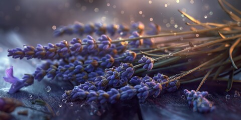 Close-up of dew-covered lavender flowers with blurred background, highlighting peaceful and calm nature