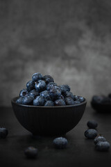 A bowl with Blueberries in a Dark Background