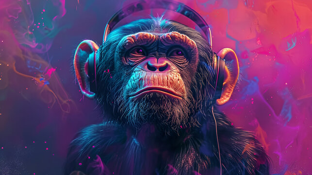 portrait of a party monkey ape with headphones on a colored background, generative Ai