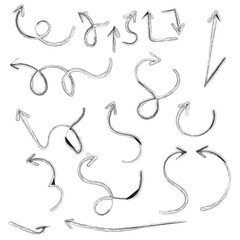 Charcoal hand drawn pencil arrows. Doodle curved chalk darts. Texture design elements of scribble lines. Vector illustration of hand painted crayon check lines
