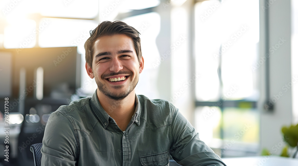 Poster Portrait of male software developer smiling at camera while sitting at workplace in office copy space : Generative AI