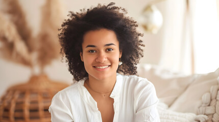 Young biracial woman poses casually in a bright home setting with copy space her cheerful demeanour adds a welcoming touch to the modern interior : Generative AI - Powered by Adobe