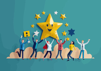 Motivated Employees Celebrated with Stars - Symbolizing Commitment, Job Satisfaction, Productivity and Recognition in Minimalist Vector Illustration