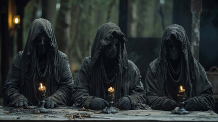 Three dark figures in tattered robes sit at a wooden table in the woods, each holding a candle. - obrazy, fototapety, plakaty