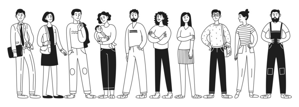 Set of characters depicting many different businessmen or office workers, multicultural concept. Person, full length. Black and white doodle style