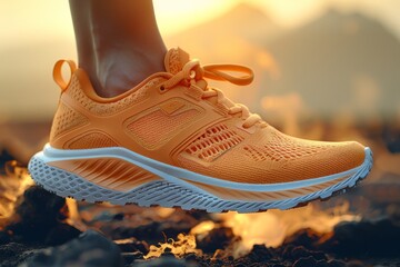 A close-up of a runner's foot in an orange sneaker with the laces untied. - obrazy, fototapety, plakaty