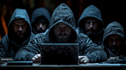 A group of people wearing black hoodies are sitting around a table in a dark room. They are all looking at a laptop on the table.