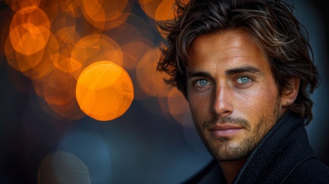 A closeup portrait of a handsome male model with blue eyes and dark hair, wearing a black suit. The background is blurry and out of focus.