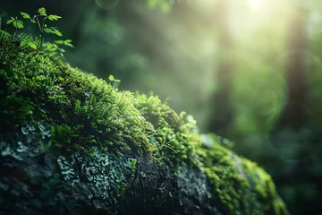 Foto op Plexiglas Green Moss Adorning a Tree in a Serene Forest Landscape © masud
