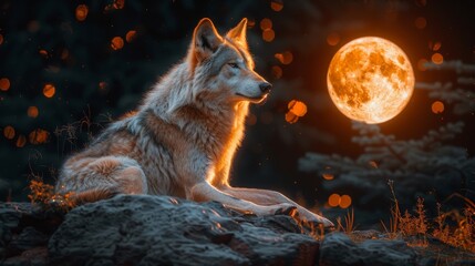 A lone wolf sits on a rock in front of a full moon.