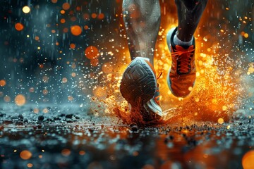 A runner is running in the rain. The runner's feet are splashing water and fire.