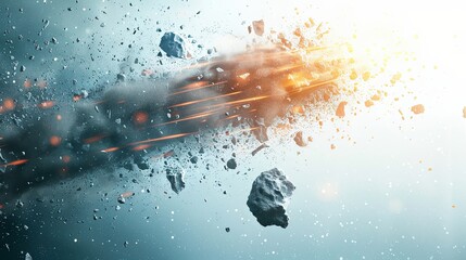 A dynamic depiction of an asteroid shattering into fragments in space.