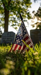 A solemn image of a soldier grave marked by a neatly placed American flag, symbolizing honor and remembrance on Memorial Day.