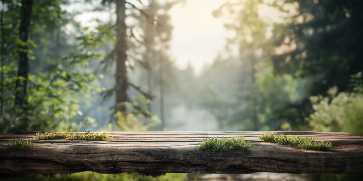 The smooth wooden surface of a table is focused with the dreamy, mist-filled forest landscape soft in the background
