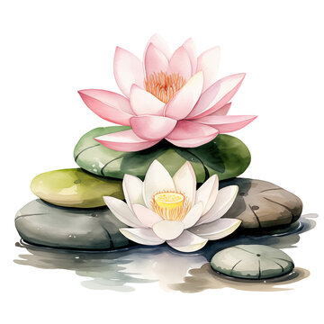 recommend clip art: Serene watercolor clipart of Zen stones and lotus flowers, isolated on png transparent background