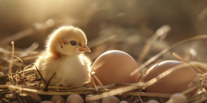 A tender moment as a newborn chick stands curiously among unhatched eggs in a warm, sunlit straw nest