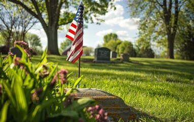 An American flag stands sentinel at a veteran's grave, with blooming flowers and lush greenery in a serene cemetery.