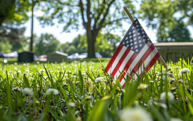 Close-up view of an American flag planted on the ground, surrounded by vibrant green grass in a tranquil cemetery setting.