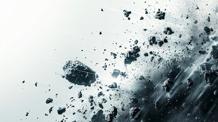 A dynamic depiction of an asteroid shattering into fragments in space.