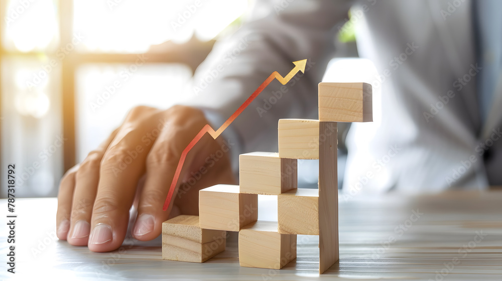 Poster business growth concept male hands arranged stacked wooden blocks steps on white table future busine