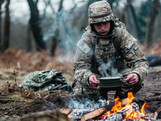  A soldier in camouflage uniform crouching by a campfire, heating up a meal in a metal container during dusk in a wooded area.