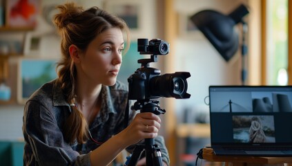 Naklejka premium Woman Recording Video Content with Camera in Hand