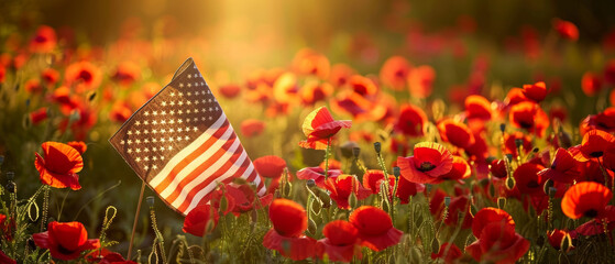 A vibrant field of red poppies is adorned with the stars and stripes of the American flag, creating a poignant tribute to those who have served and sacrificed for the country.