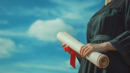 Hands hold diploma against blue sky, symbolizing achievement. Graduation success!