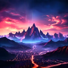 landscape of a mountain range with a digital overlay that adds futuristic cityscapes