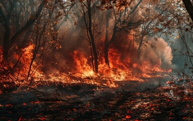 Intense flames and thick smoke engulf a dense forest, creating a dramatic and destructive scene of an out-of-control wildfire.
