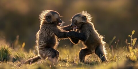 A pair of baboons are playfully fighting in their natural habitat during golden hour creating a sense of community - obrazy, fototapety, plakaty