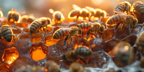 This vivid image showcases honeybees actively working on their honeycombs, symbolic of teamwork and industry - obrazy, fototapety, plakaty